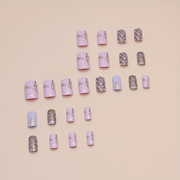 24pcs Set of Glossy Purple Press-On Nails with Wheat Design - Long Square Shape - Picture 3 of 7